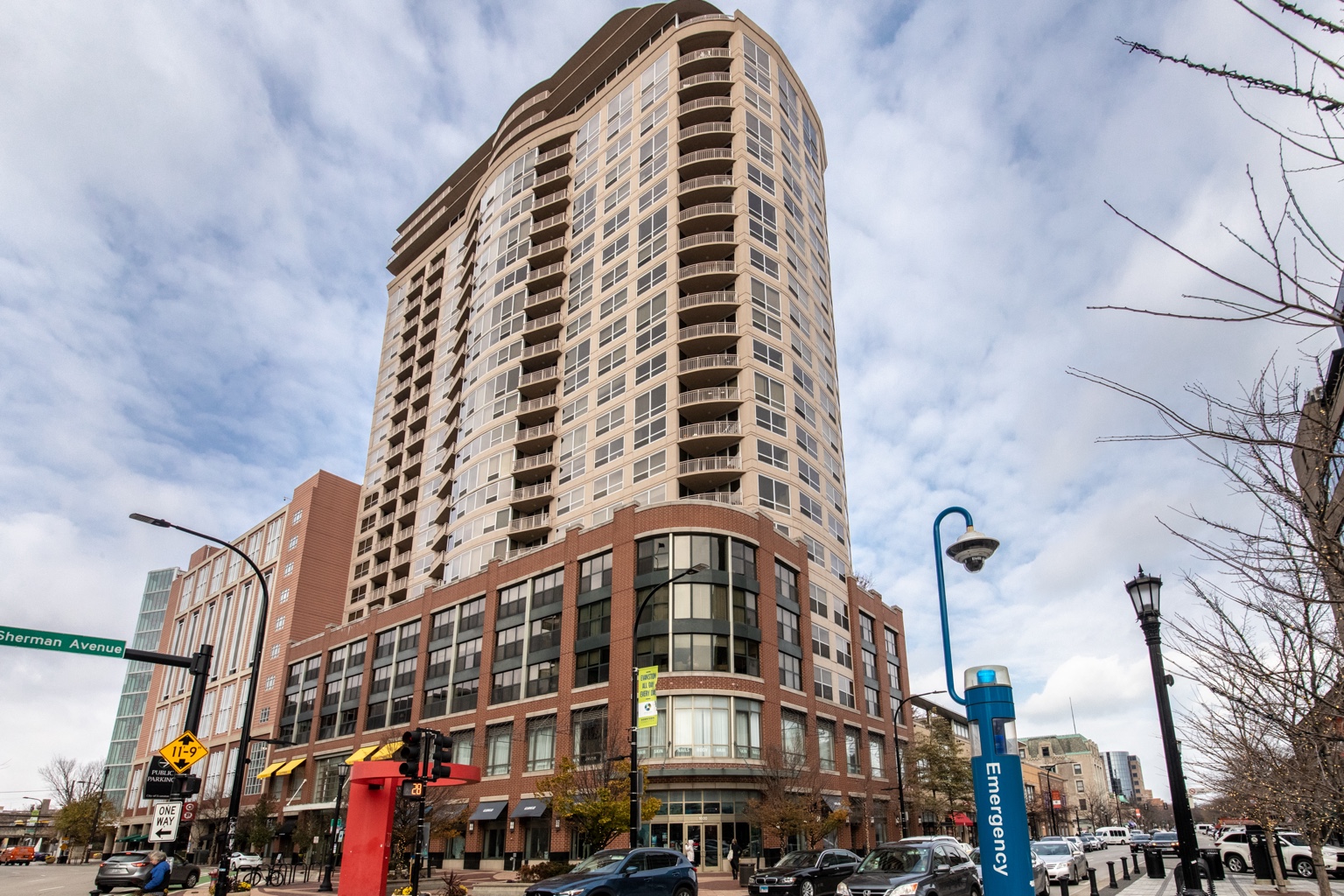 Downtown high-rise building street view