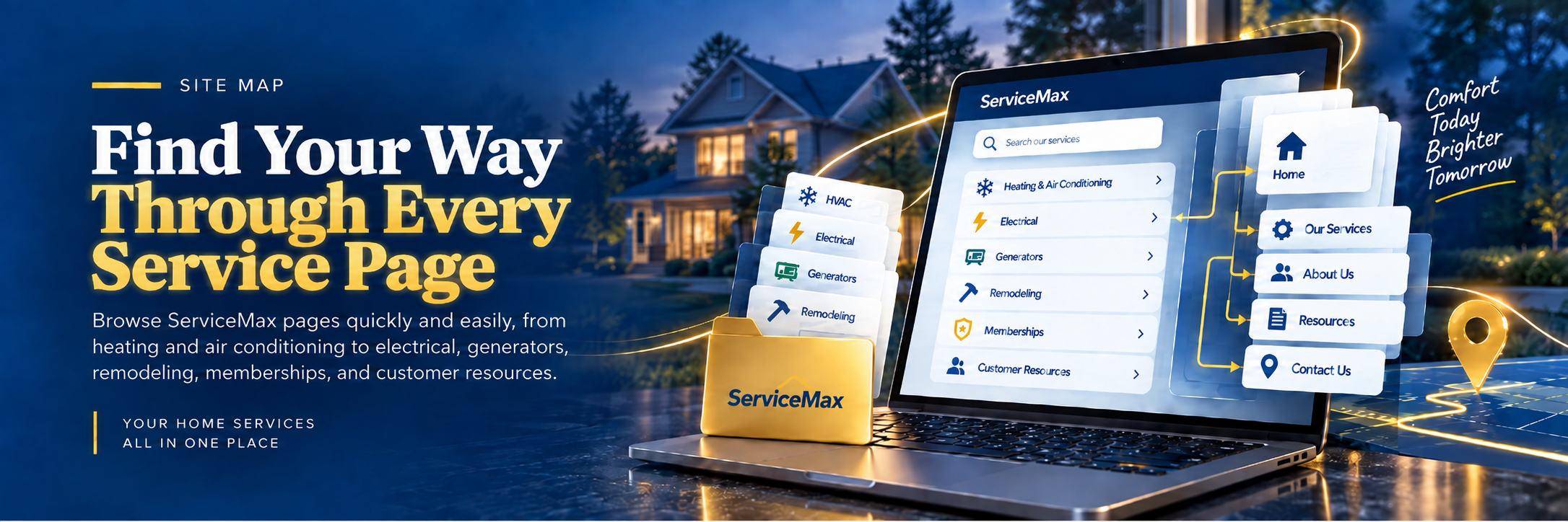 ServiceMax site map banner showing organized service folders and a website search interface
