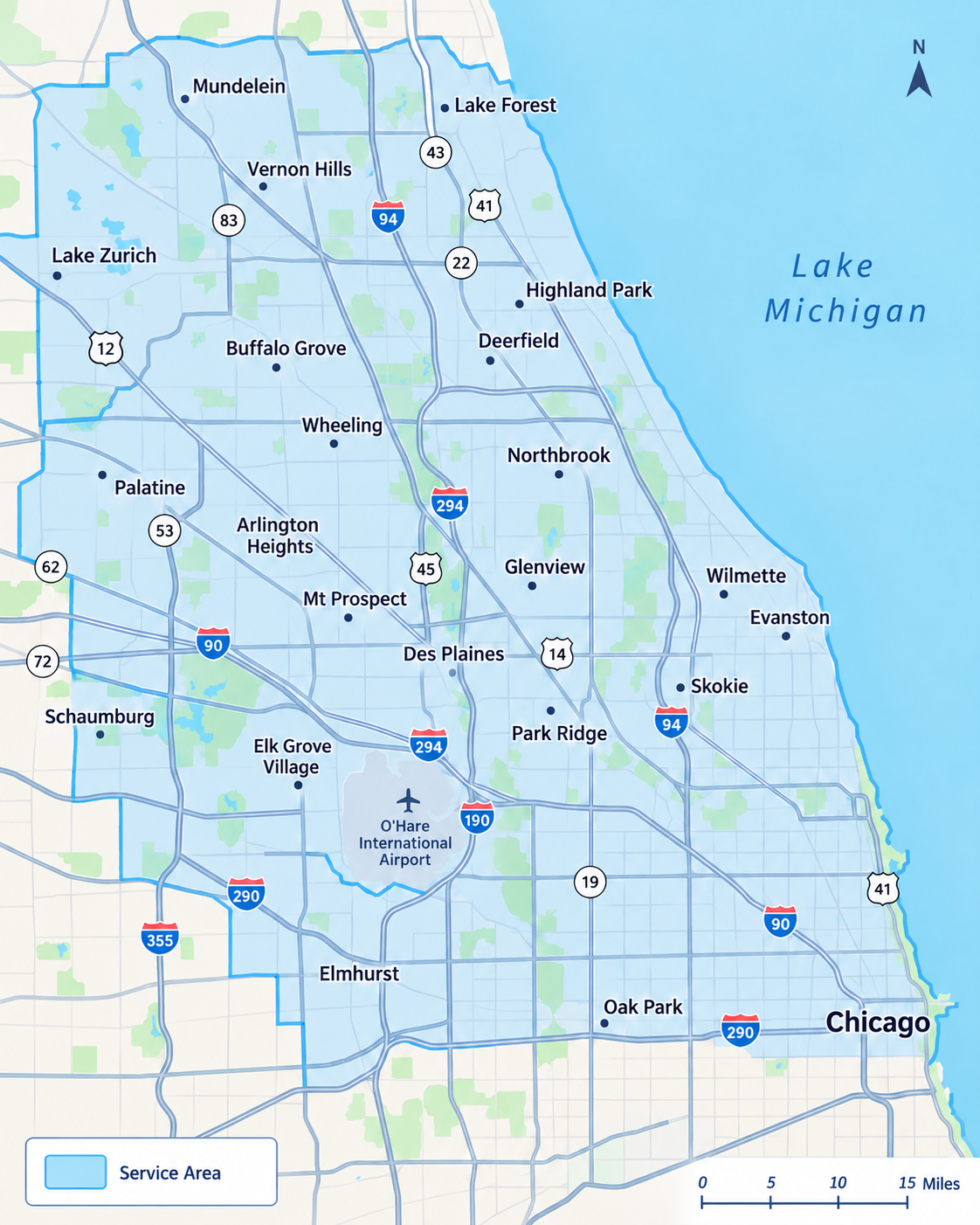 ServiceMax Chicagoland service area map including Lake Zurich and Elmhurst