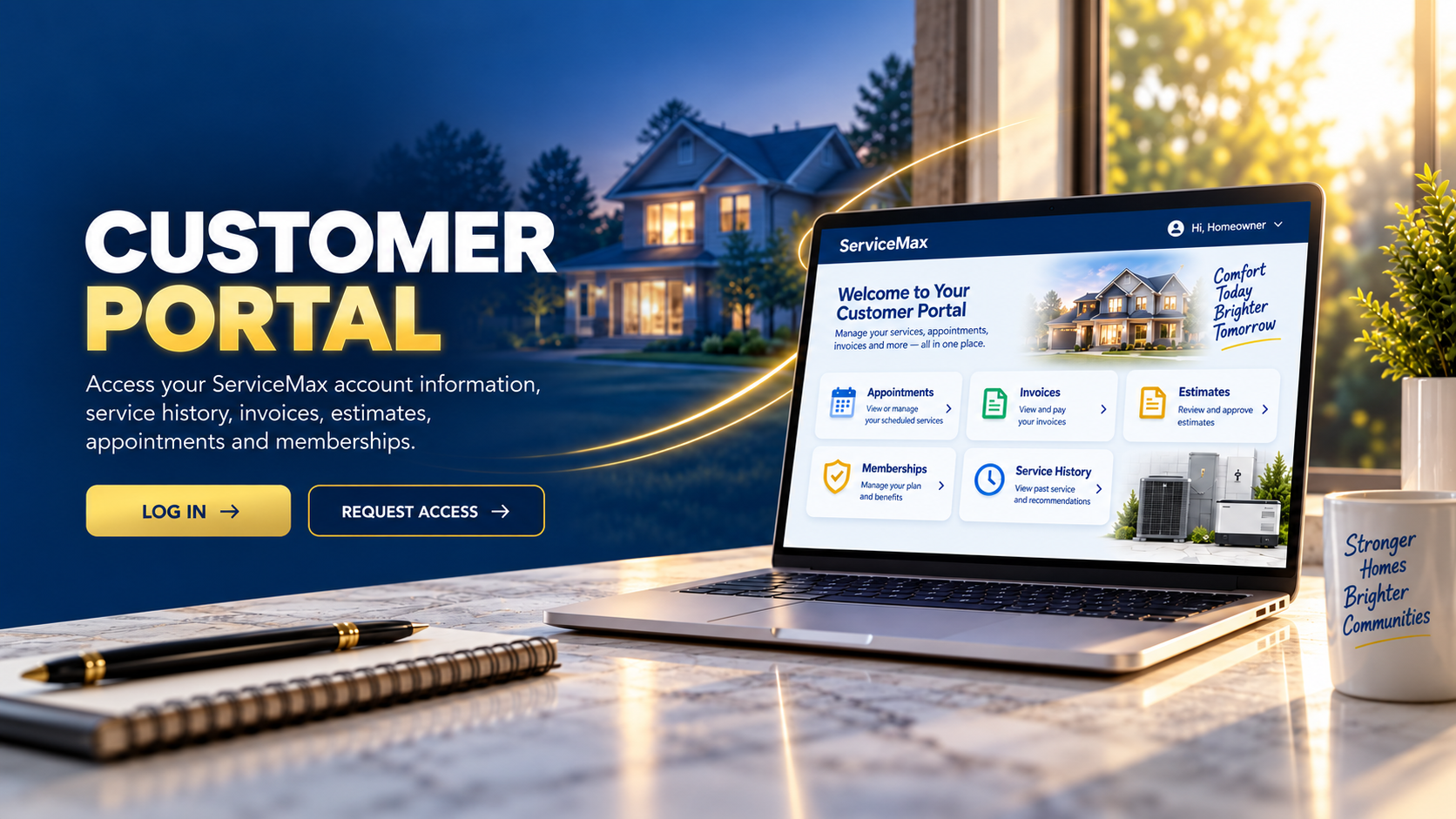 ServiceMax Customer Portal with access to appointments, invoices, estimates, memberships and service history.
